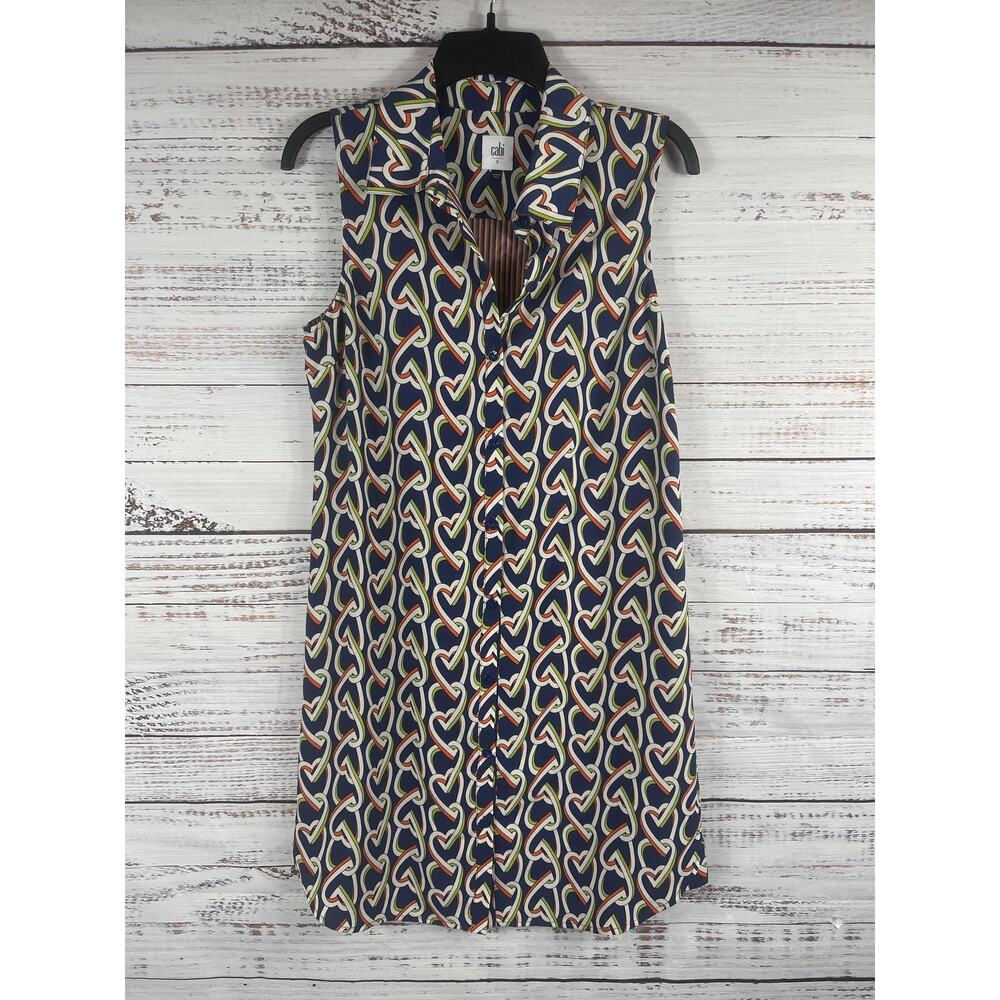 Cabi Shirtdress Women's Size S Blue Heart Print Sleeveless Button Front Collared - Picture 1 of 9